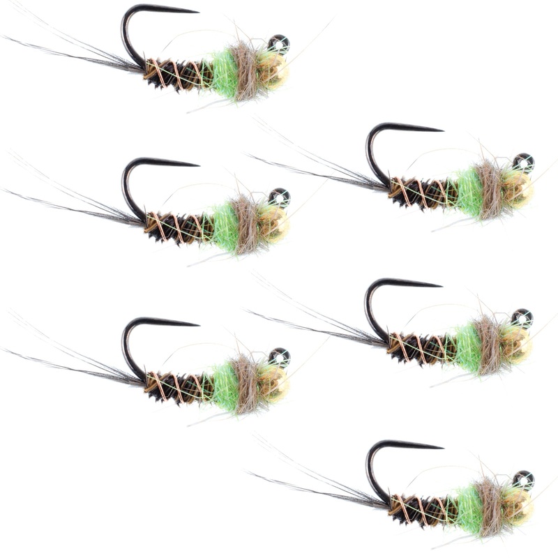 Tungsten Bead Hot Spot Pheasant Tail Tactical Jig Chartreuse Czech Nymph Euro Nymphing Fly – 6 Flies Size 16