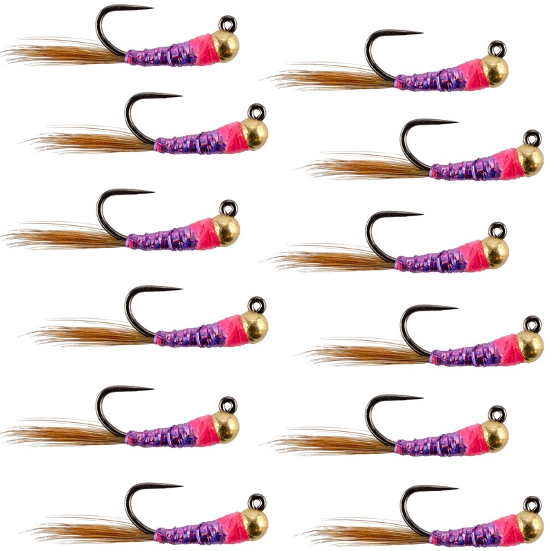 Tungsten Bead Hot Spot Purple Perdigon Tactical Jig Spanish Czech Euro Nymph Fly – 1 Dozen Flies Size 18
