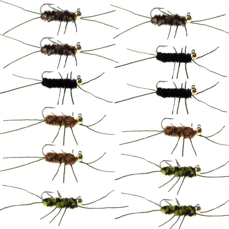 Tungsten Bead Jigged Pat’s Rubber Legs Nymph Assortment Euro Fly Fishing Flies – Trout and Bass Wet Fly Pattern – 12 Flies Hook Size 10