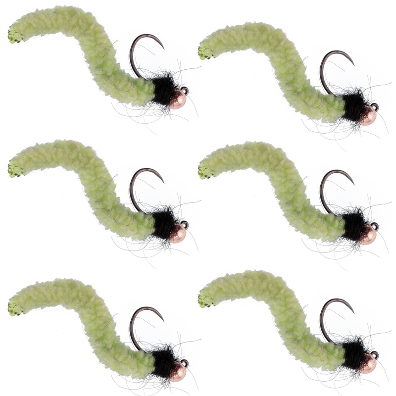 Tungsten Bead Chartreuse Wormy Mop Fly Tactical Jig Czech Euro Nymph Barbless Fly – 6 Flies Size 14