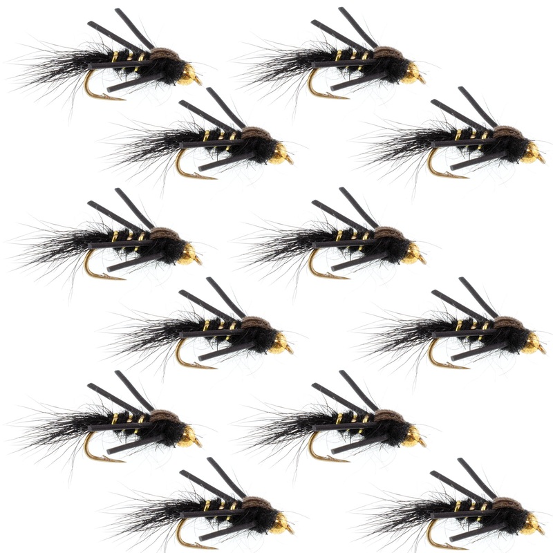 Tungsten Bead Head Rubber Legs Black Gold-Ribbed Hare’s Ear Trout Fly Nymph – 1 Dozen Flies Hook Size 14