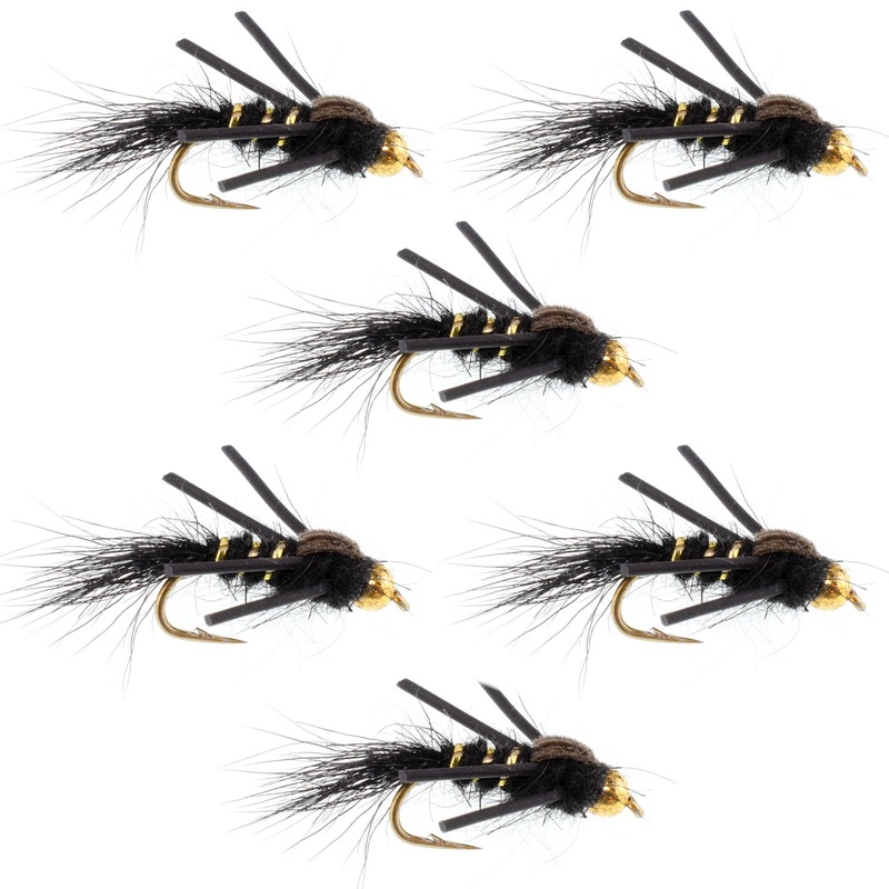 Tungsten Bead Head Rubber Legs Black Gold-Ribbed Hare’s Ear Trout Fly Nymph – 6 Flies Hook Size 12