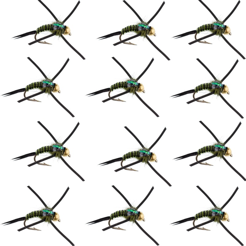 Tungsten Bead Head Rubber Legs Black Olive Zebra Copper John Nymph Fly Fishing Flies – 1 Dozen Flies Hook Size 14