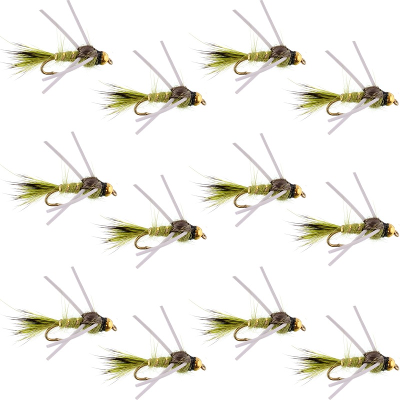 Tungsten Bead Head Rubber Legs Olive Gold-Ribbed Hare’s Ear Trout Fly Nymph – 1 Dozen Flies Hook Size 12