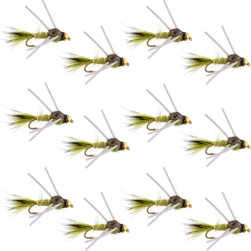Tungsten Bead Head Rubber Legs Olive Gold-Ribbed Hare’s Ear Trout Fly Nymph – 1 Dozen Flies Hook Size 14