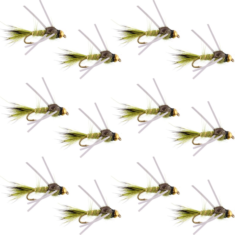 Tungsten Bead Head Rubber Legs Olive Gold-Ribbed Hare’s Ear Trout Fly Nymph – 1 Dozen Flies Hook Size 16