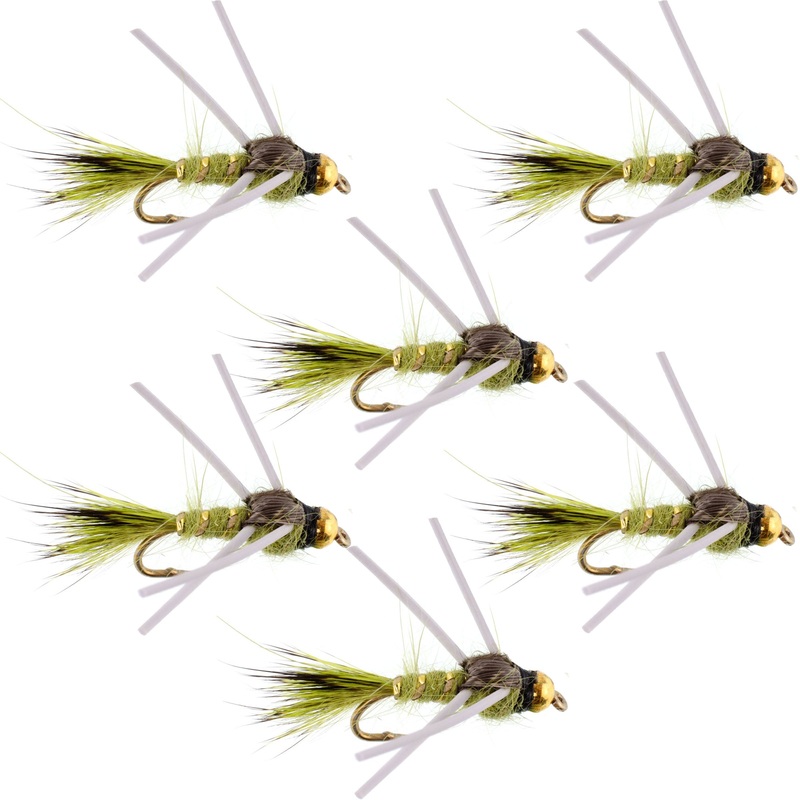 Tungsten Bead Head Rubber Legs Olive Gold-Ribbed Hare’s Ear Trout Fly Nymph – 6 Flies Hook Size 12