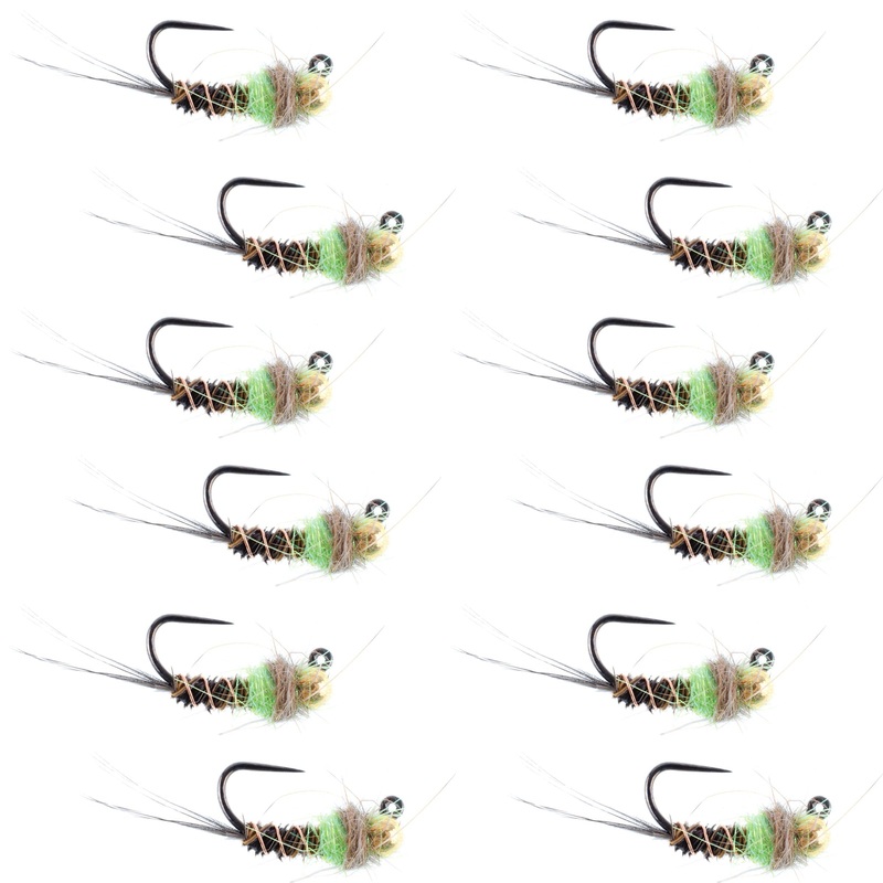Tungsten Bead Hot Spot Pheasant Tail Tactical Jig Chartreuse Czech Nymph Euro Nymphing Fly – 1 Dozen Flies Size 14