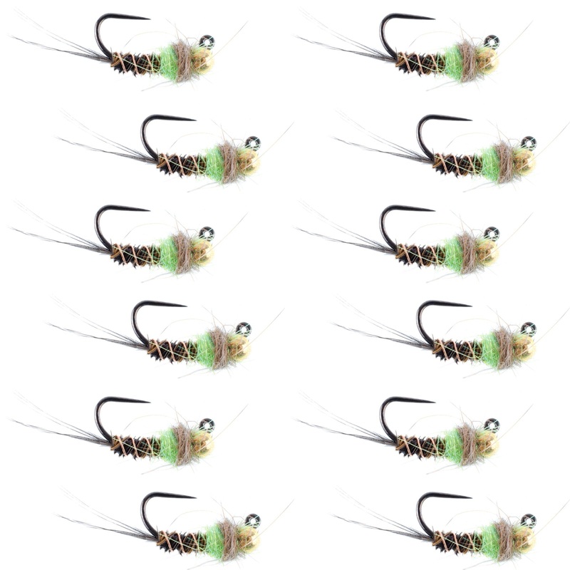 Tungsten Bead Hot Spot Pheasant Tail Tactical Jig Chartreuse Czech Nymph Euro Nymphing Fly – 1 Dozen Flies Size 18