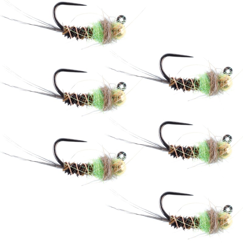 Tungsten Bead Hot Spot Pheasant Tail Tactical Jig Chartreuse Czech Nymph Euro Nymphing Fly – 6 Flies Size 12