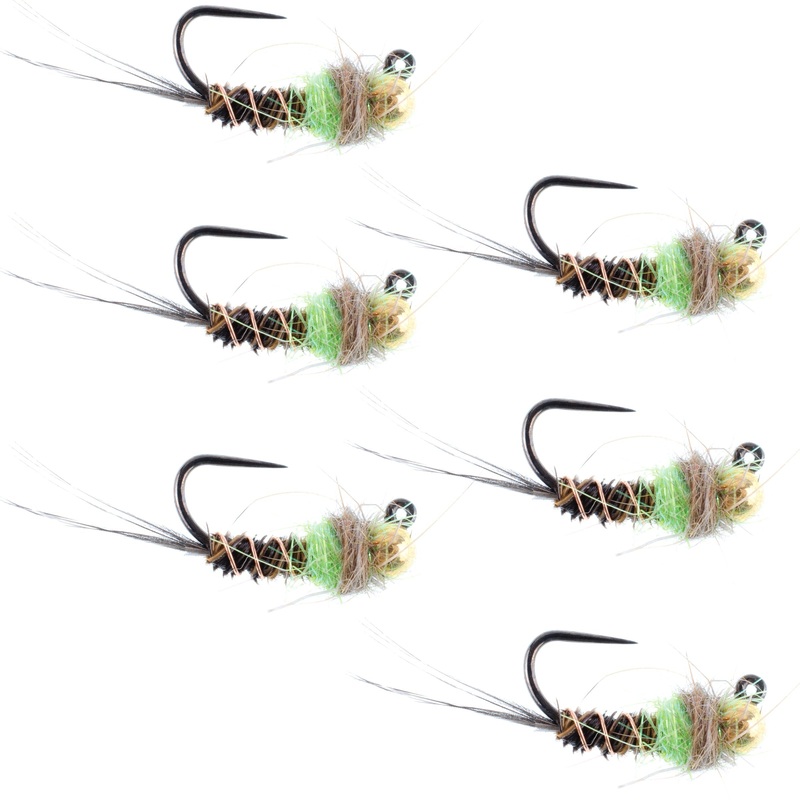 Tungsten Bead Hot Spot Pheasant Tail Tactical Jig Chartreuse Czech Nymph Euro Nymphing Fly – 6 Flies Size 14
