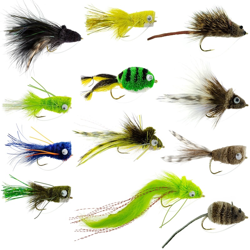 Bass Bug Collection – Set of 12 Bass Fly Fishing Flies – Surface Poppers Frog, Rat, Mouse and Divers  – Hook Sizes 2,4, 6 and 8