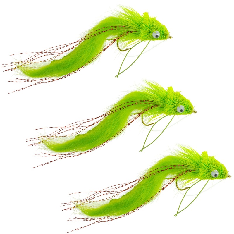 3 Pack Chartreuse Rabbit Strip Deer Hair Diver Size 4 –  Bass Fly Fishing Bug Wide Gape Bass Hooks With Weed Guard