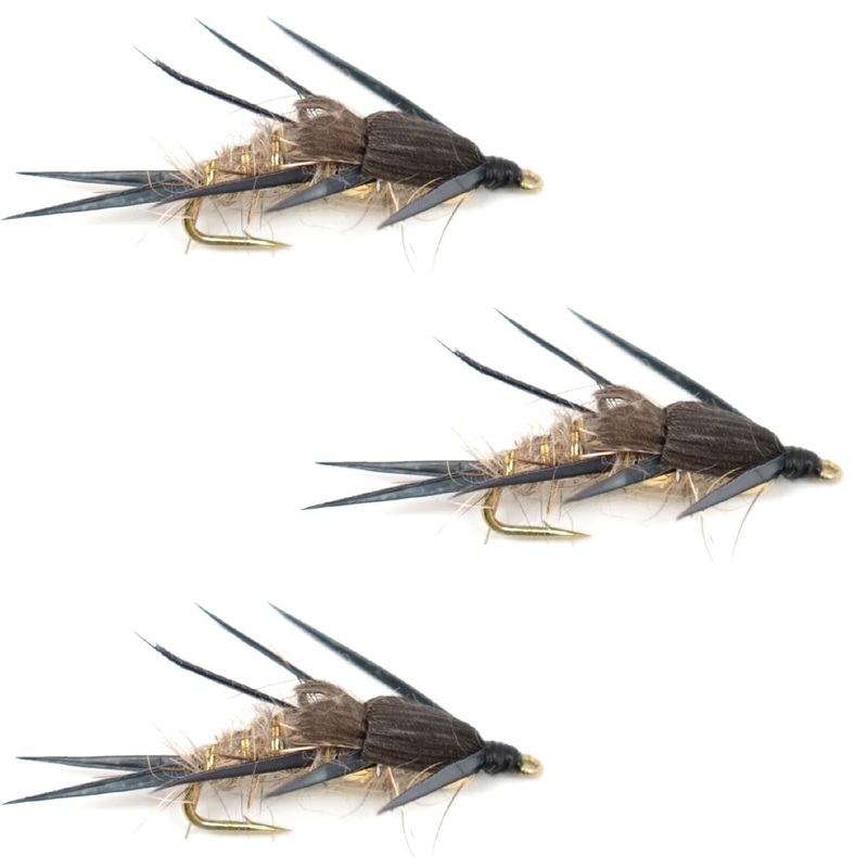 3 Pack Double Bead Black Biot Legs Gold Ribbed Hare’s Ear Nymph Fly Fishing Flies Hook Size 10