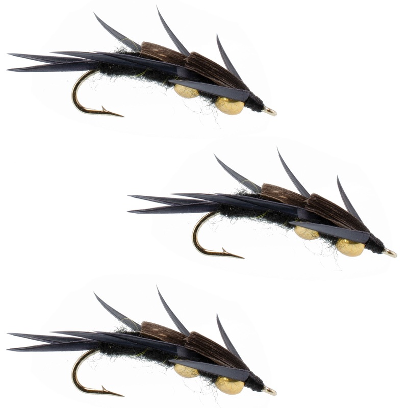 3 Pack Double Bead Black Stone Fly with Black Biot Legs – Stonefly Wet Fly – Hook Size 10
