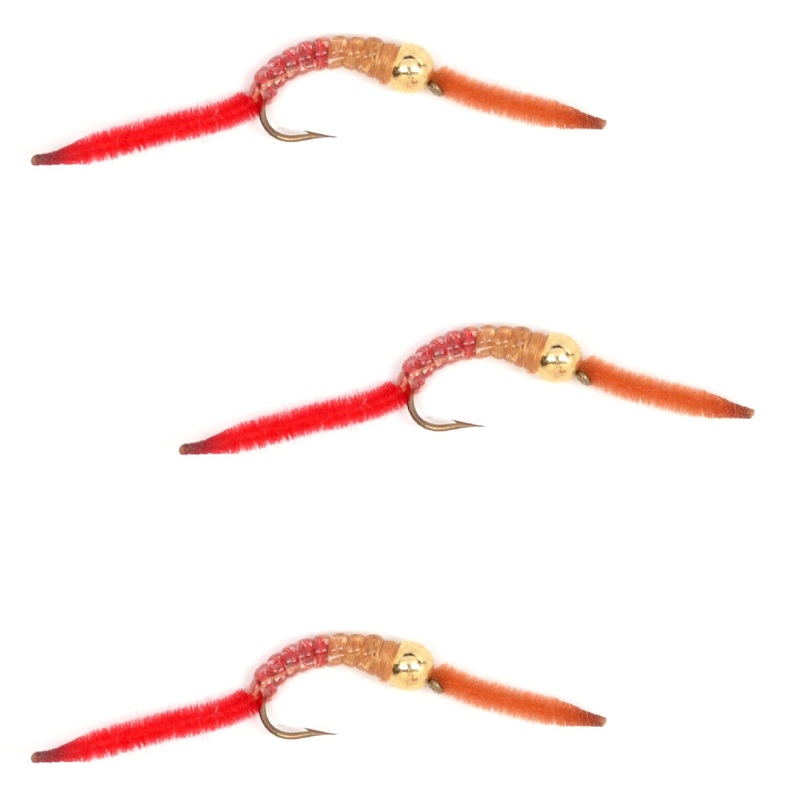 3 Pack San Juan Bead Head Power Worm Half Brown Half Red V-Rib – Hook Size 14