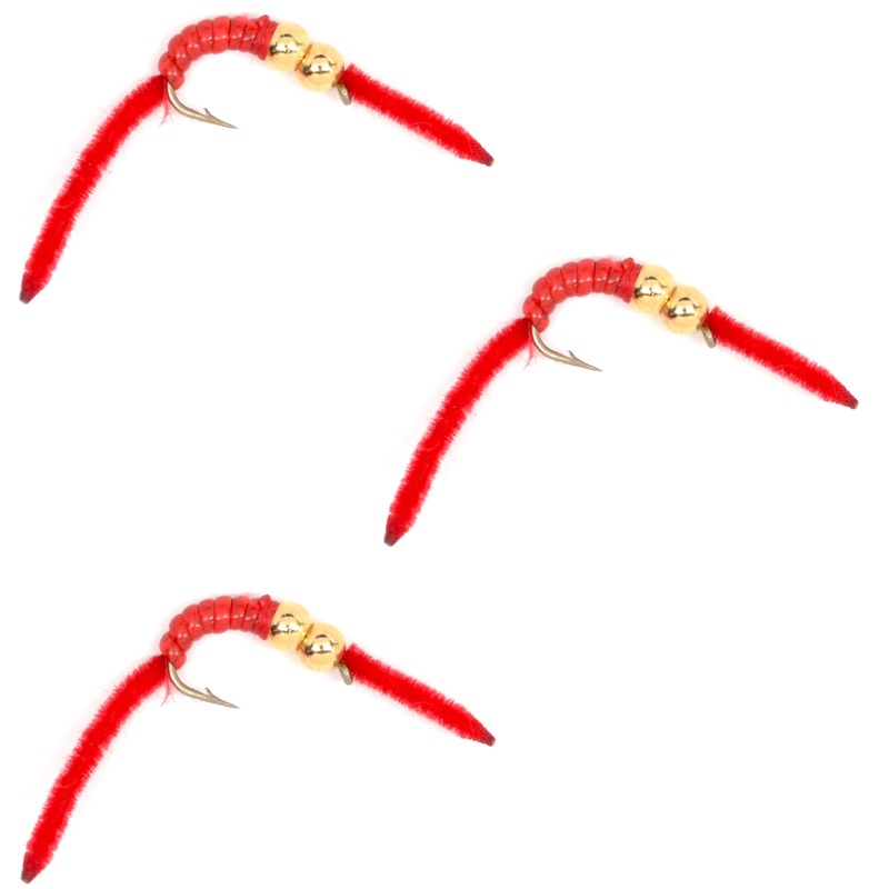 3 Pack San Juan Double Bead Power Worm  Red V-Rib – Hook Size 10
