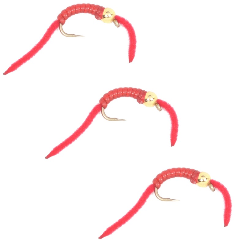 3 Pack San Juan Power Worm Gold Bead Head Red V-Rib – Hook Size 10