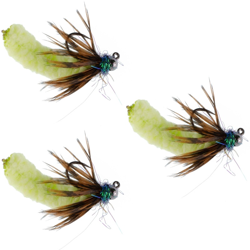 3 Pack Tungsten Bead Chartreuse Mop Fly Tactical Jig Czech Euro Nymph Barbless Fly – Size 14