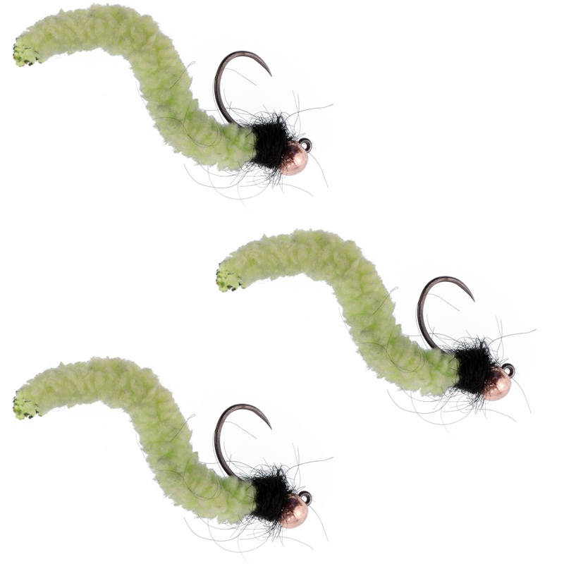 3 Pack Tungsten Bead Chartreuse Wormy Mop Fly Tactical Jig Czech Euro Nymph Barbless Fly – Size 12