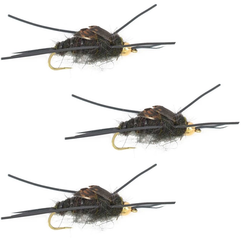 3 Pack Barbless Gold Bead Kaufmann’s Black Stone Fly with Rubber Legs – Stonefly Wet Fly – Hook Size 10