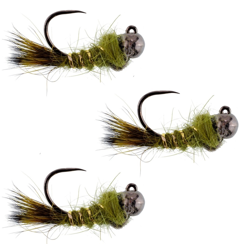 3 Pack Black Tungsten Bead Tactical Olive Hares Ear Czech Nymph Euro Nymphing Fly – Hook Size 12