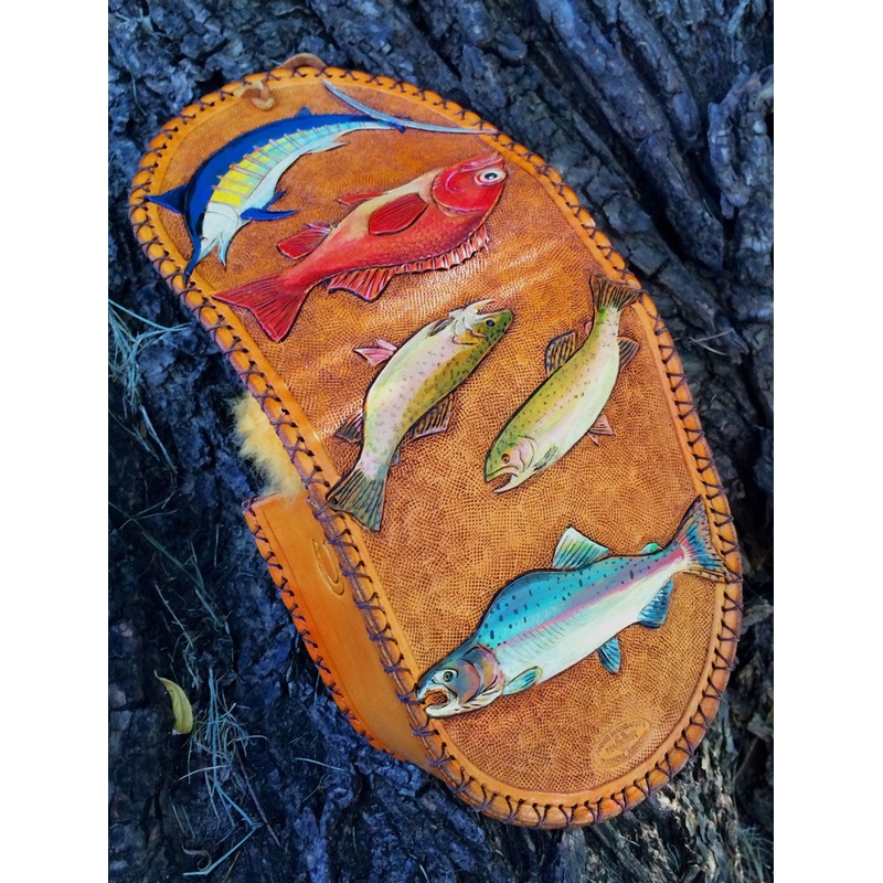 Annie Margarita Leather Reel Case – “One Fish, Two Fish, Red Fish, Blue Fish”